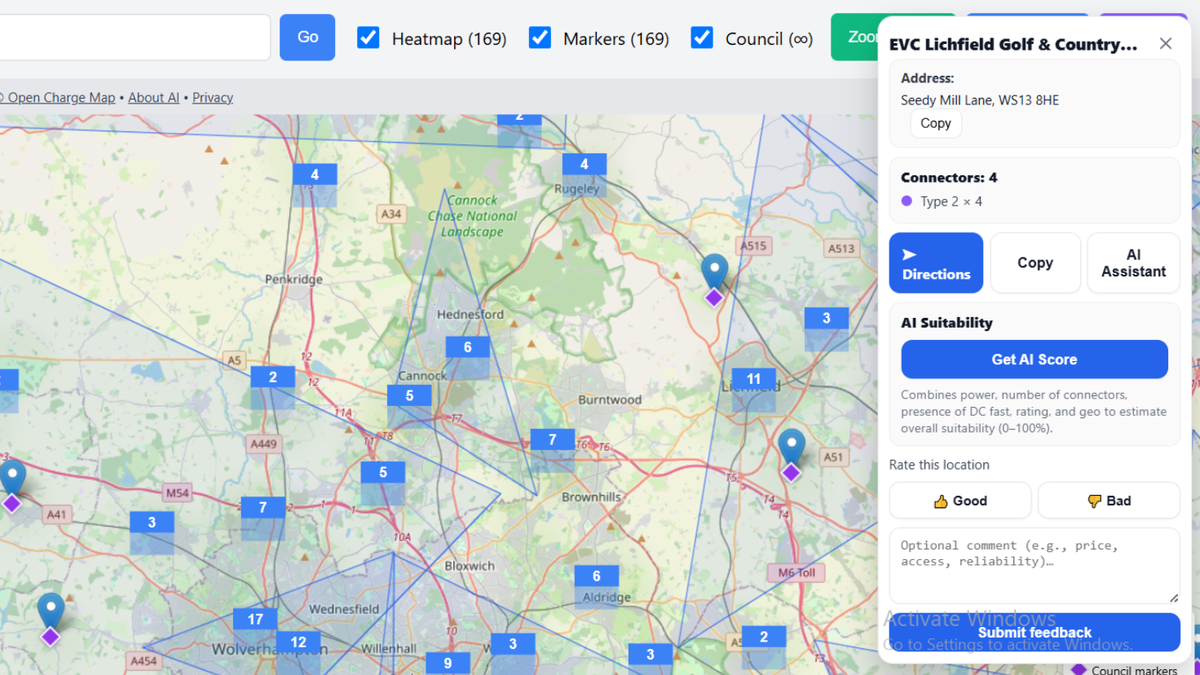 EV charger detail view showing connectors, AI suitability score, and driver feedback