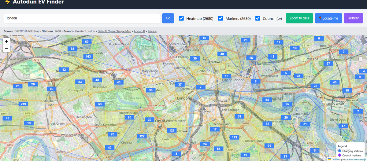 Electric car charger map showing public charging locations in London