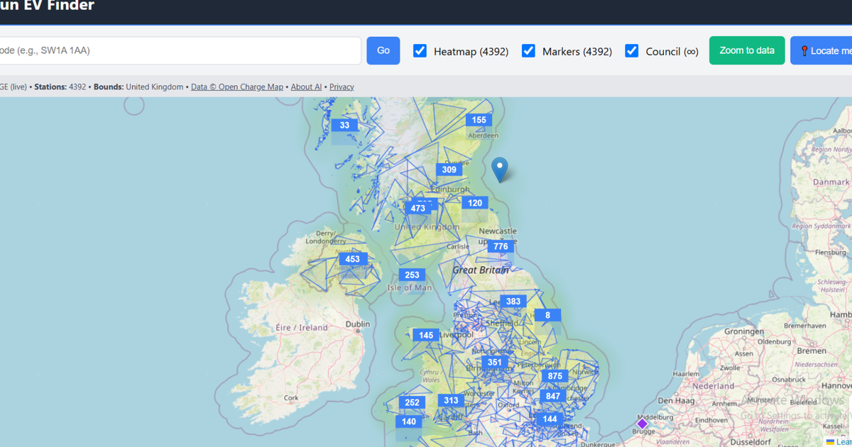 Electric car charger map showing public charging points across the UK
