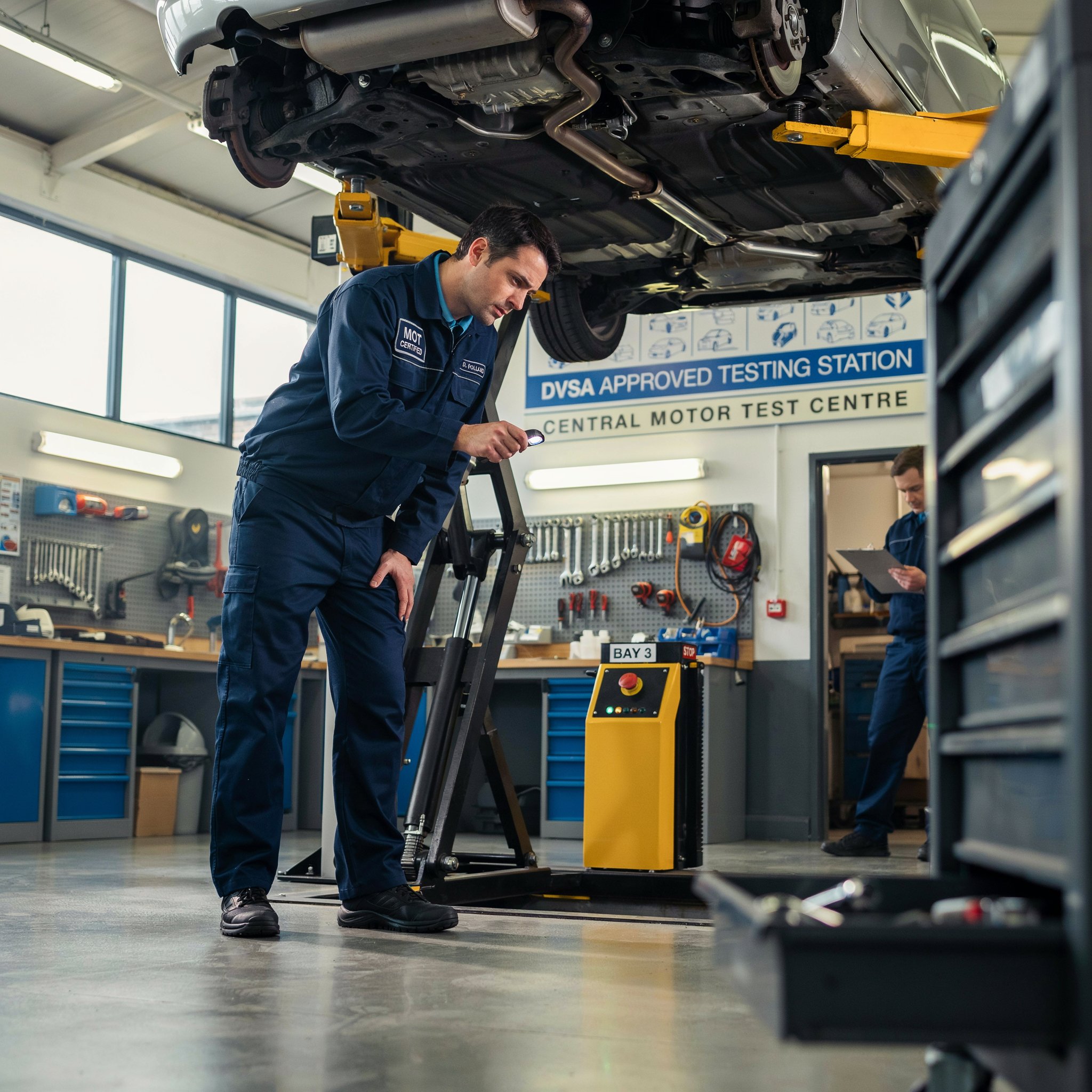 MOT test certificate showing PASS result on a workbench in a UK garage with car on ramp in background