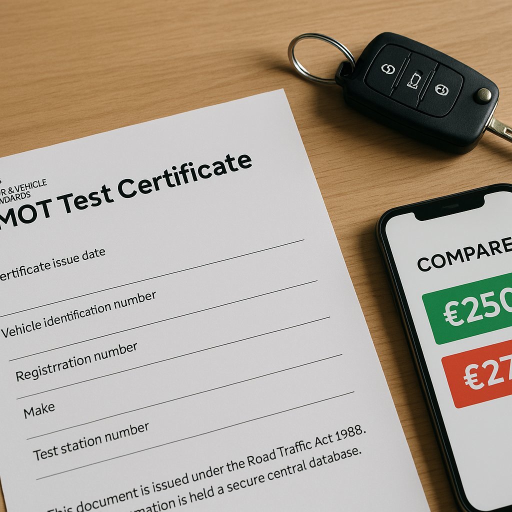 MOT test certificate document alongside car keys and smartphone showing MOT price comparison on wooden desk