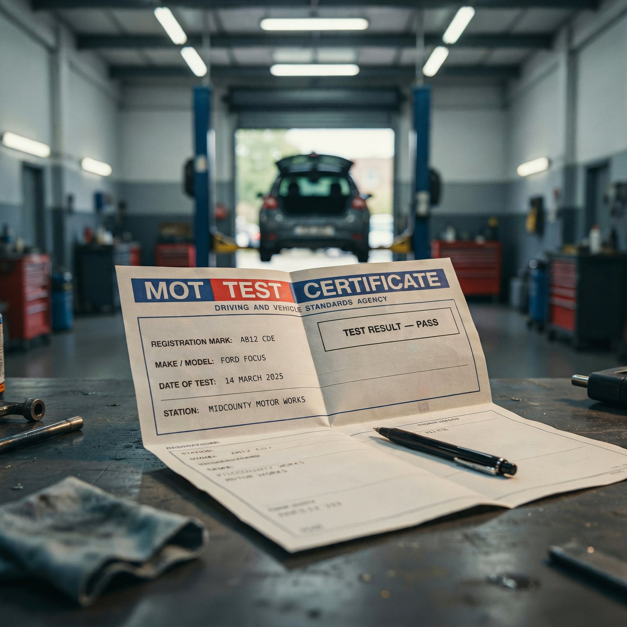 DVSA certified MOT tester in navy uniform inspecting underside of car at approved UK test centre