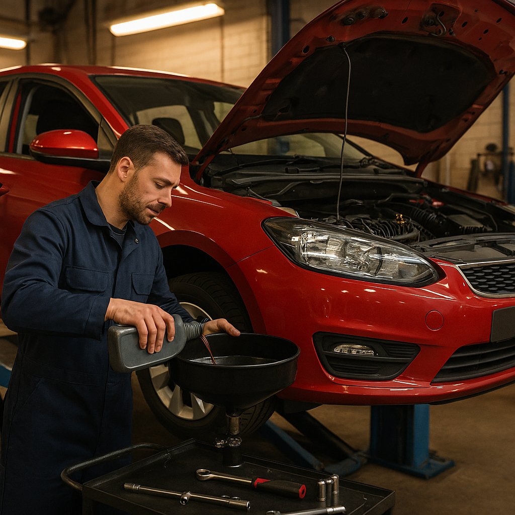Professional mechanic in navy overalls performing oil change service on red car elevated on ramp in UK garage