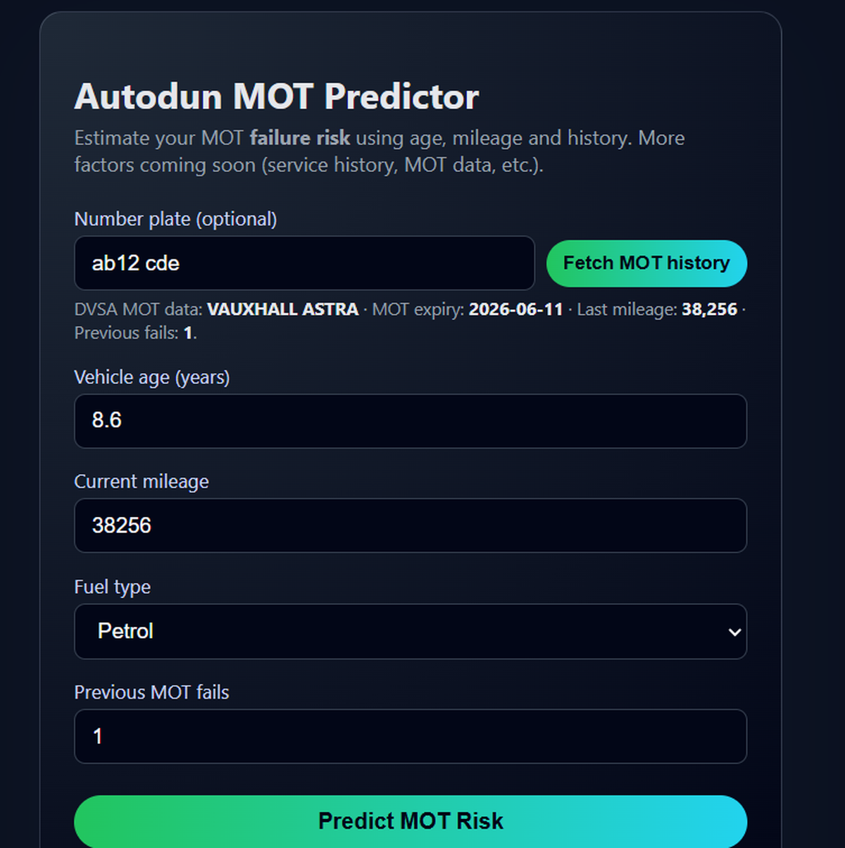 MOT history fields after retrieval: make, model, expiry date, last mileage, and previous fails