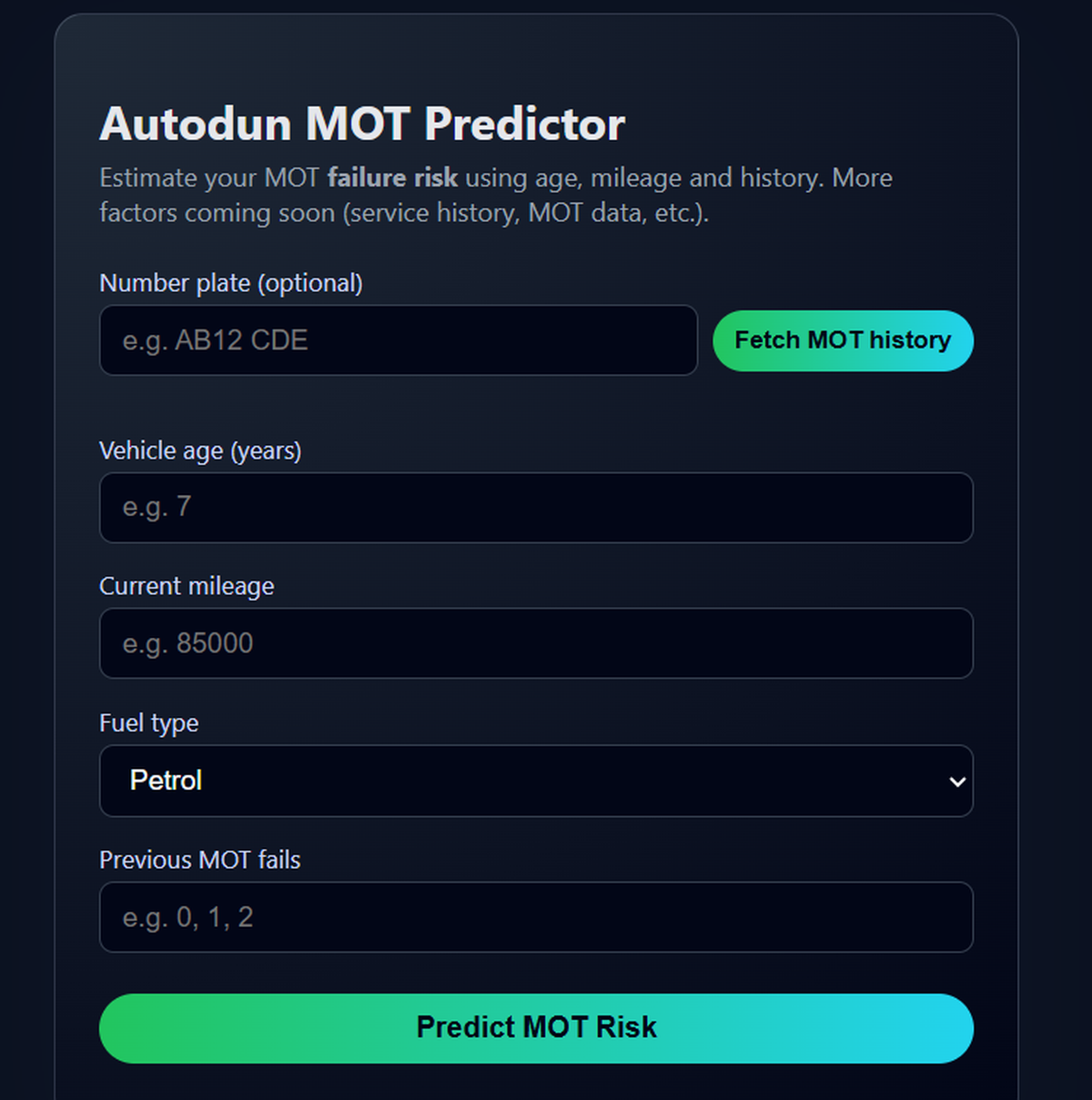 Autodun MOT history check tool interface